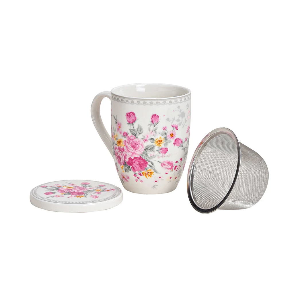 Becher Rosedekor mit Deckel und Sieb