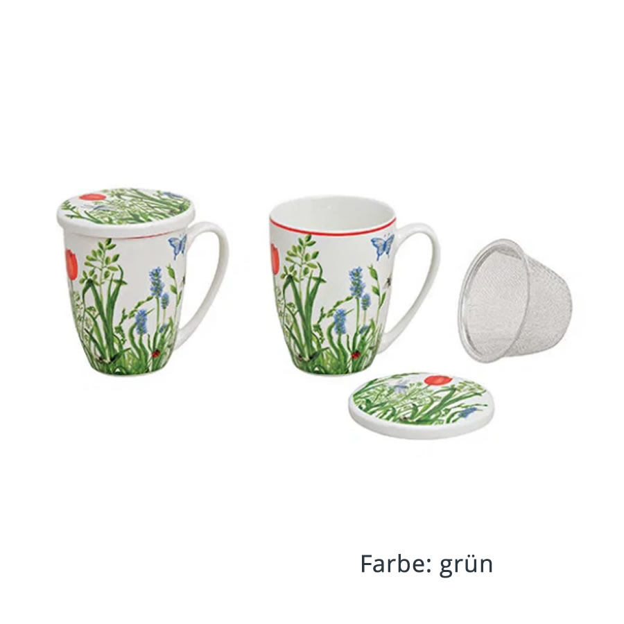 Teebecher 'Blumenwiese' mit Deckel und Sieb - sortiert