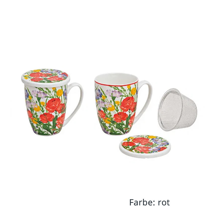 Teebecher 'Blumenwiese' mit Deckel und Sieb - sortiert