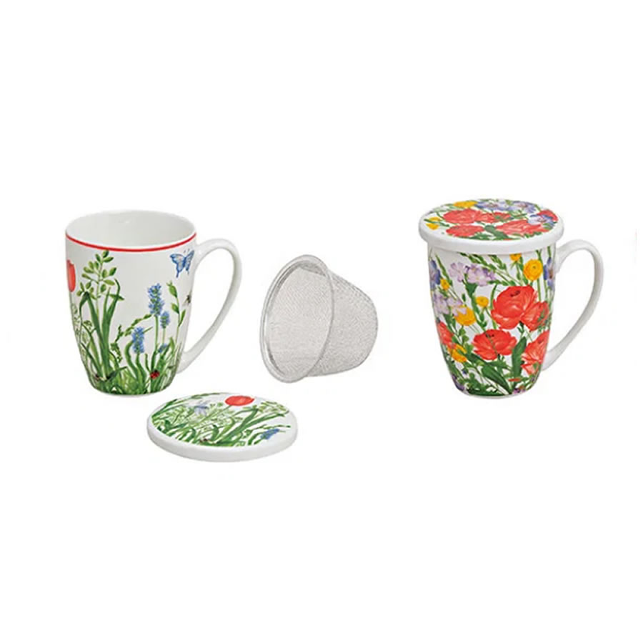 Teebecher 'Blumenwiese' mit Deckel und Sieb - sortiert