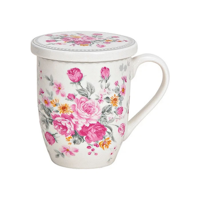 Becher Rosedekor mit Deckel und Sieb