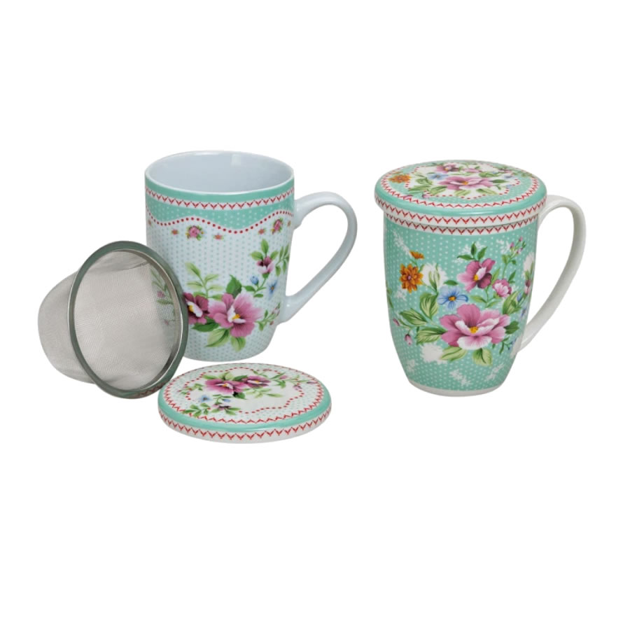 Becher 'Blüten' mit Deckel und Sieb - sortiert